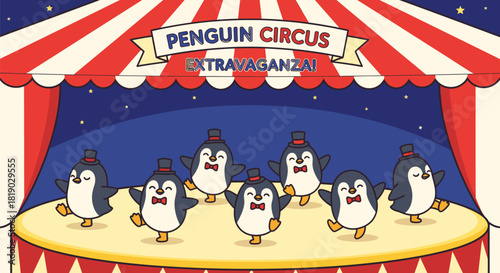 Penguin Circus Extravaganza Adorable Penguins Performing on Stage.