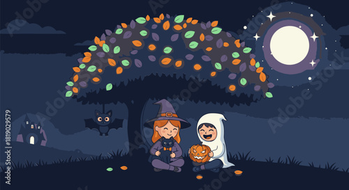 Children in Halloween Costumes Under a Colorful Tree at Night.
