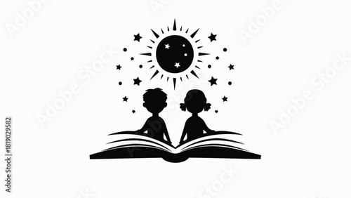 Flat vector illustration of two children s silhouettes in various poses perfect for educational materials playful designs and representing childhood activities