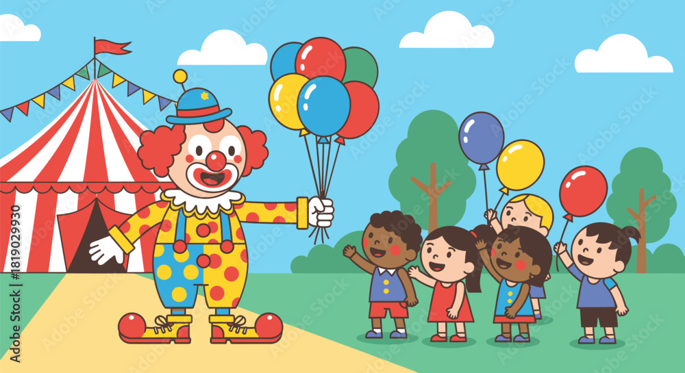 Obraz premium Clown Entertaining Children with Balloons at a Circus.