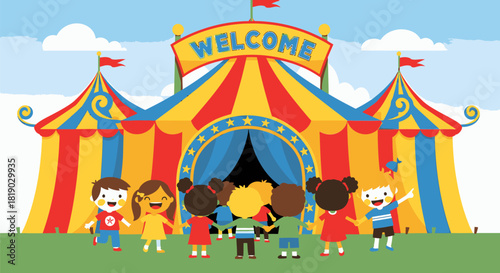 Children Gather at a Colorful Circus Tent Entrance.