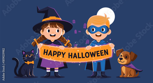 Halloween Celebration with Children Cat and Dog in Costume Holding Banner.