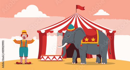 Circus Scene with Elephant Clown and Big Top Tent.