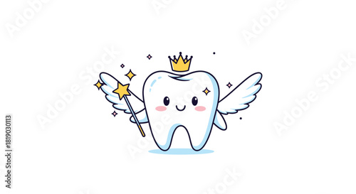 Adorable tooth fairy character wearing a golden crown and wings, holding a sparkling magic wand, radiating joy and magic.