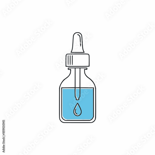 Colored outline design of a dropper bottle with blue liquid, copy space.