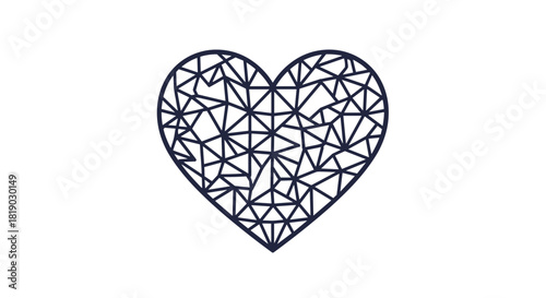 A stylized dark blue heart filled with an intricate geometric triangular pattern, representing modern love, connection, and contemporary design.