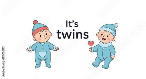 Cute cartoon baby twin boys in blue outfits, celebrating a new arrival, with \.