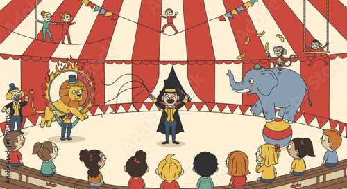 Circus Performer Directing Lion and Elephant Show.