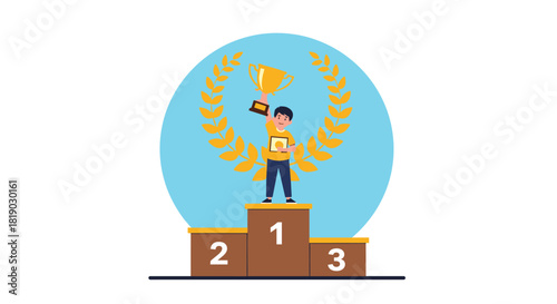A cartoon character stands proudly on a winner's podium, holding a golden trophy and a certificate of achievement, celebrating victory.