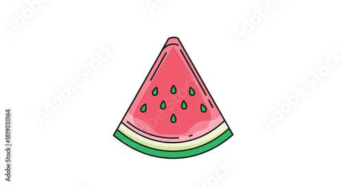 A vibrant cartoon illustration of a fresh, triangular watermelon slice with green rind and visible seeds, isolated on a white background.