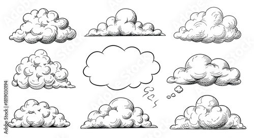 Hand-drawn cloud illustrations set, featuring various types like cumulus, speech, and thought bubbles in a classic sketch style.