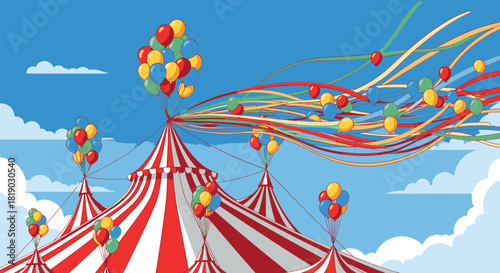 Whimsical Circus Tents with Balloons and Colorful Ribbons Against a Blue Sky.