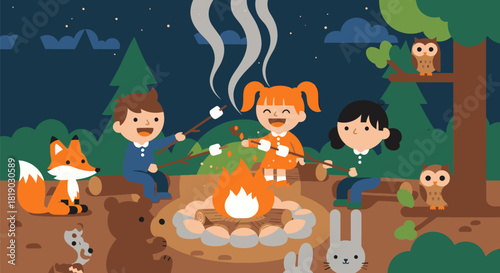 Children Gathered Around Campfire with Animals in Forest Illustration.