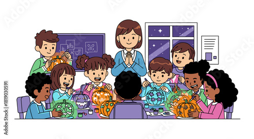 Enthusiastic Children Carving Pumpkins with Teacher in Classroom.