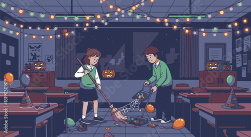 Students Cleaning Classroom After Halloween Party.