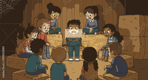 Children Gathered Around a Boy with a Box on His Head.