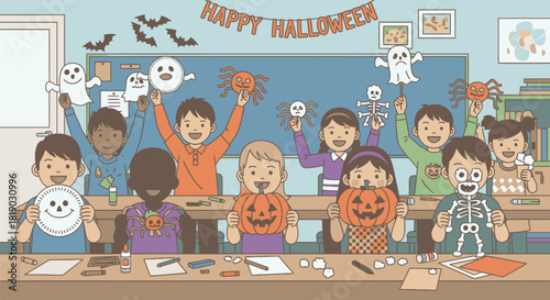 Halloween Classroom Celebration Children Enjoying Festive Activities.