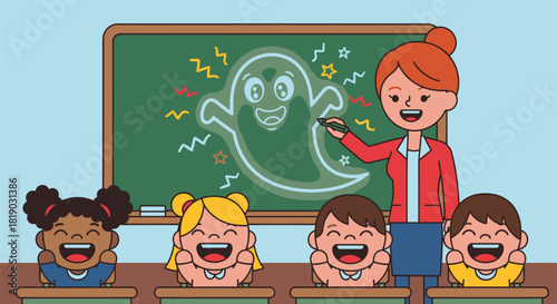 Teacher drawing ghost on chalkboard with laughing students.