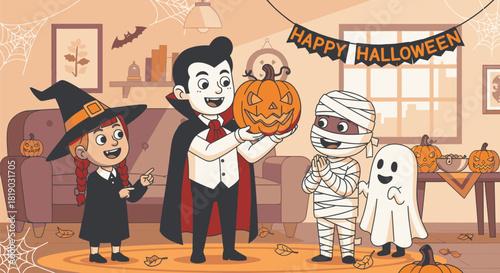 Halloween Celebration with Kids in Costumes and Pumpkin.