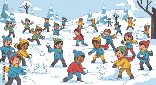 Children Enjoying a Winter Snowball Fight in a Snowy Landscape.