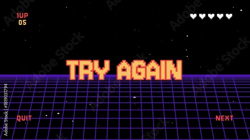 You lose Try again pixel text animation. Retro game arcade 8 bit. Retrowave video game background 4K resolution