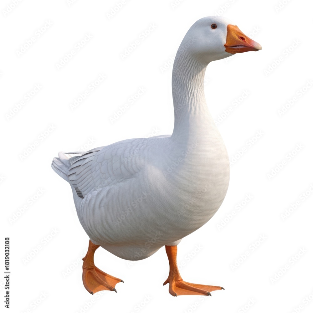 Obraz premium Elegant white goose gracefully walking isolated on transparent background, showcasing its pristine plumage and orange beak