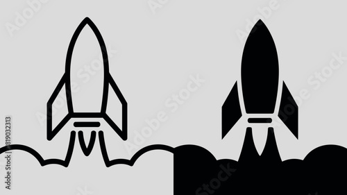 Two rocket ships launching with smoke and flames