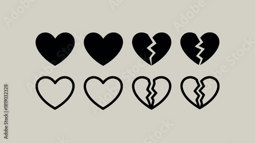 Collection of solid and outlined broken and whole hearts