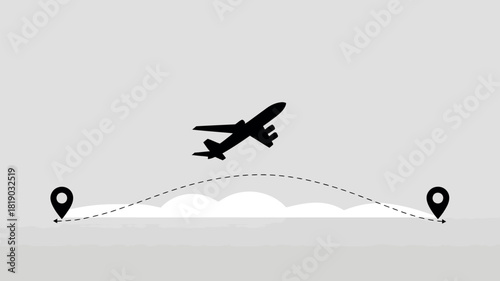 Airplane flying between two location pins with a dotted flight path