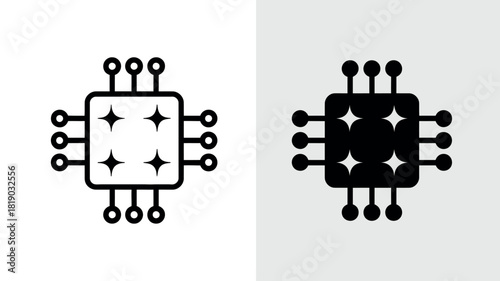 Computer microchip icon set in outline and solid styles