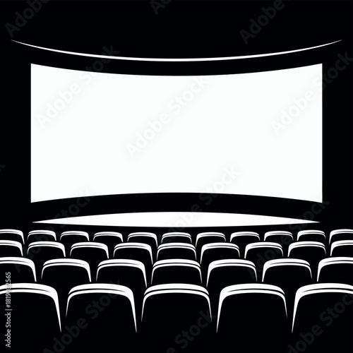 Empty cinema theater screen and rows of seats in black and white