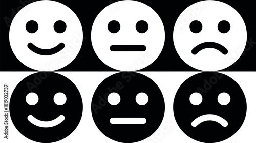 Six emoji faces showing happy neutral and sad emotions in black and white