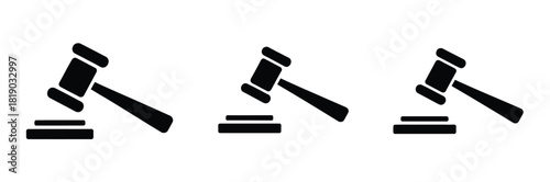 Set of gavel icons including judge gavels in multiple styles, flat icons, and isolated vector illustrations