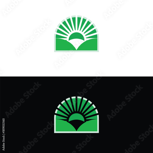 Vibrant green sunrise logo design template, perfect for eco-friendly brands, sustainable companies, and nature-inspired businesses looking for a fresh, modern aesthetic