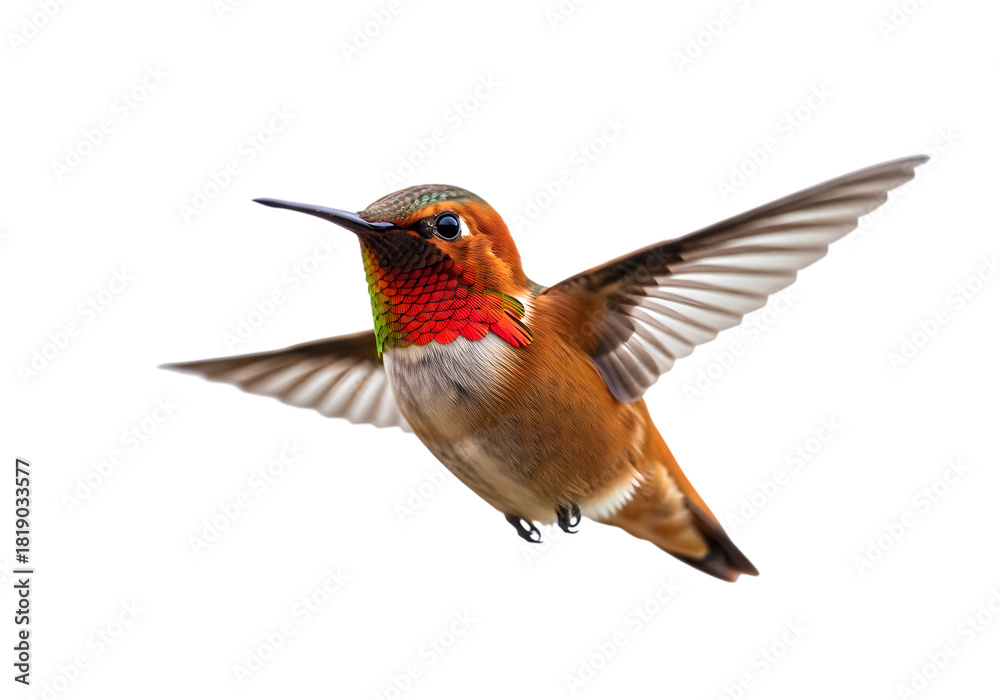 Fototapeta premium Rufous hummingbird hovering mid-flight, wings spread