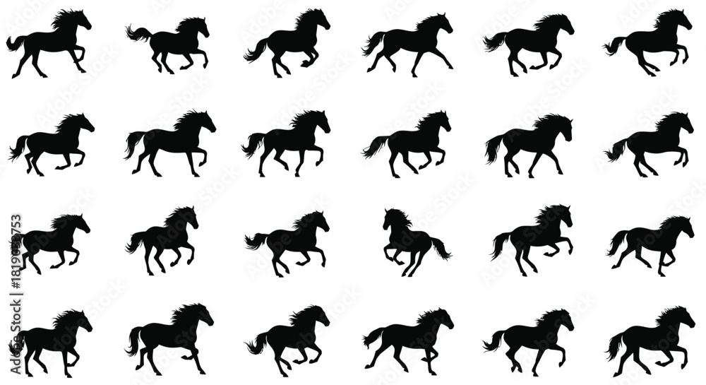 Fototapeta premium Running horse silhouettes in various gallop poses, isolated on