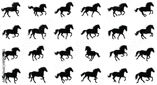 Running horse silhouettes in various gallop poses, isolated on