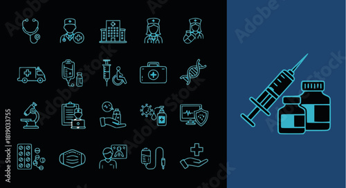 Detailed neon line vector icon set for hospital care, emergency medicine, and public health, featuring symbols for ambulance, syringe, and doctor.