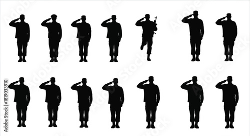 Silhouettes of saluting soldiers in various poses isolated on