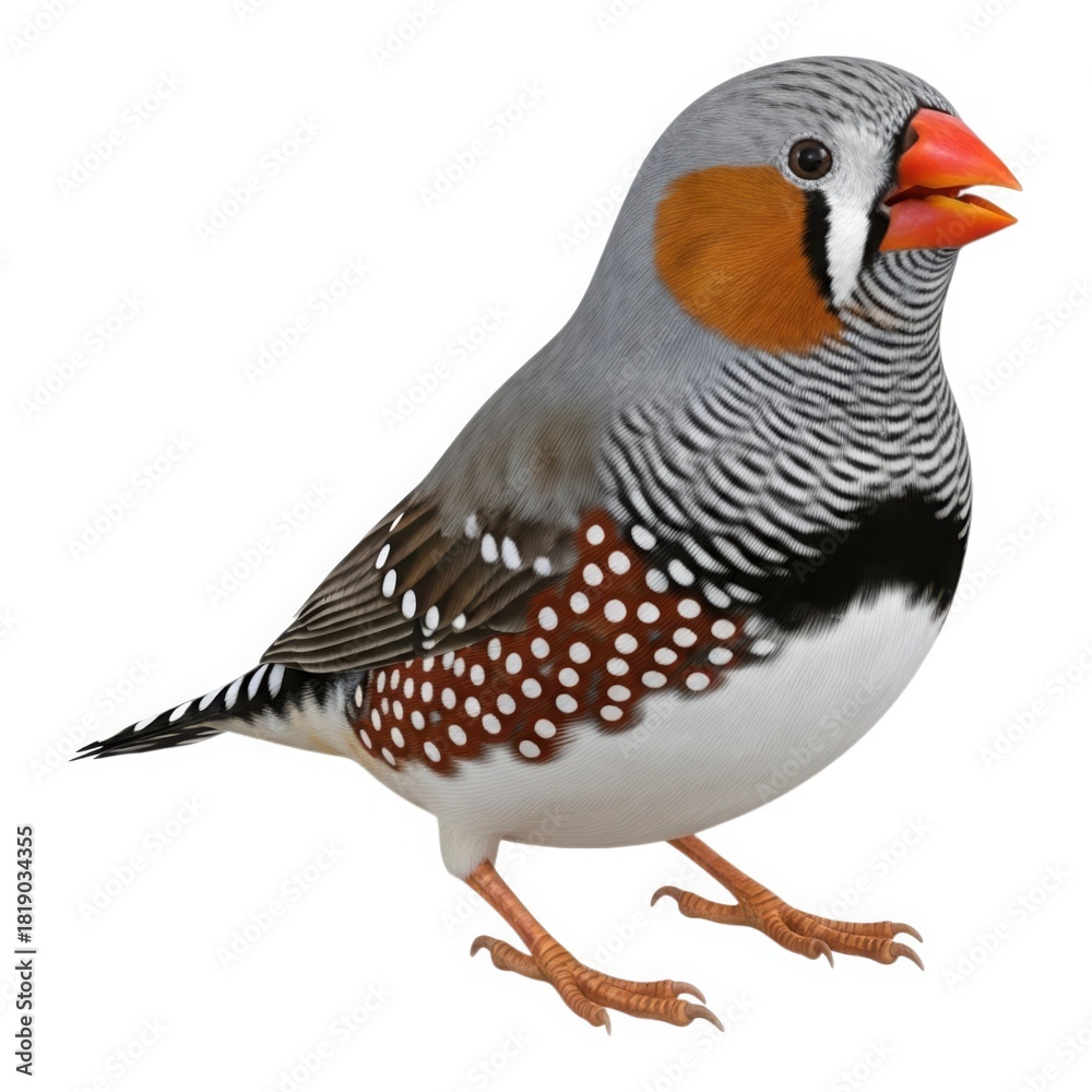 Fototapeta premium A colorful zebra finch isolated on transparent background showcasing its distinctive markings and vibrant plumage in detail
