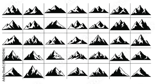 Collection of various mountain peak silhouettes, isolated on