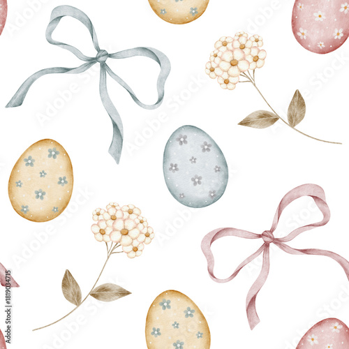 Pastel easter pattern with eggs and bows. Cute floral art in soft watercolor. Whimsical festive design for greeting decor.