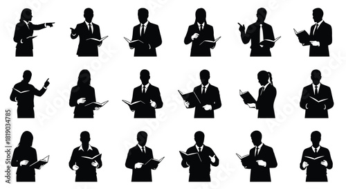 Silhouettes of business people holding books and documents, isolated on
