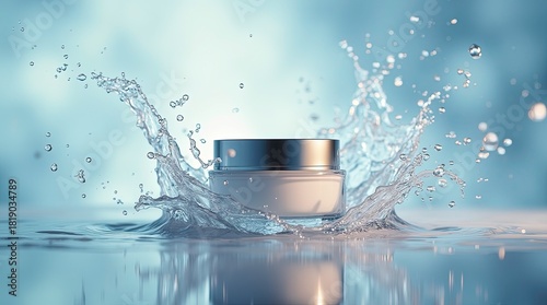 A luxury cosmetic cream jar splashing in clear water, dynamic water droplets frozen in motion, crystal reflections, soft bokeh background with blue and warm tones,