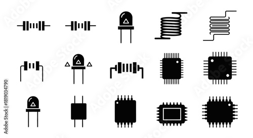 A collection of black silhouette icons representing various electronic components like resistors, LEDs, inductors, and microchips.
