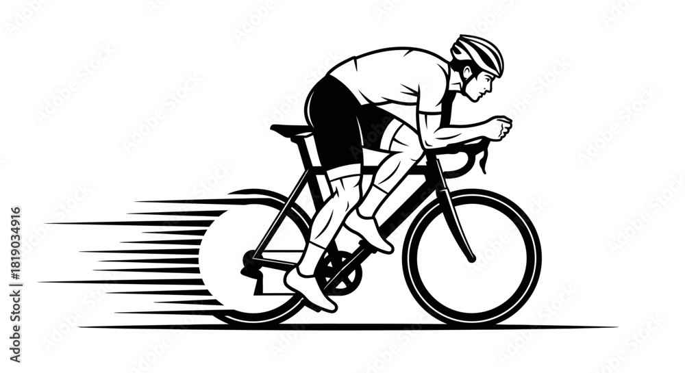 Naklejka premium Illustration of a cyclist riding a racing bicycle with speed lines indicating motion.