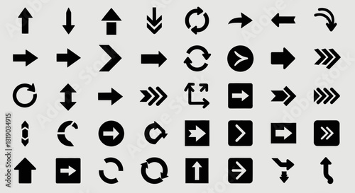 A comprehensive collection of various black arrow icons and symbols on a light gray background.