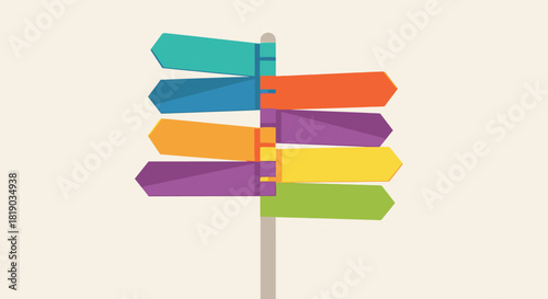 A directional signpost with multiple colorful arrows pointing in different directions against a plain background.