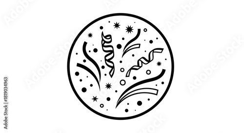 Black and white illustration of a festive confetti and streamer design inside a circle.