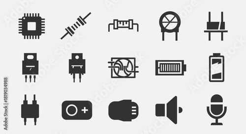 A collection of flat monochrome icons representing various electronic components and computer hardware.